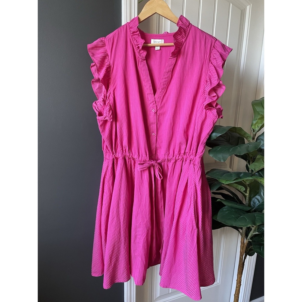 ON 34th Dress 3X | Pink Striped | A-Line |Sleeveless | Ruffle | VNeck | PLUS